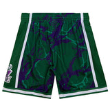 Mitchell & Ness Team Marble Milwaukee Bucks Swingman Shorts In Green, Purple & White - Back View