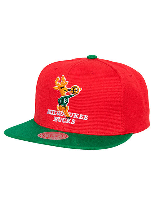 Mitchell & Ness HWC '68 Core 2.0 Milwaukee Bucks Snapback Hat In Red & Green - Front View