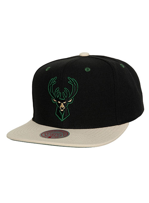 Mitchell & Ness Icon Pin Drop Milwaukee Bucks Snapback Hat In Black & Cream - Angled Front Left View