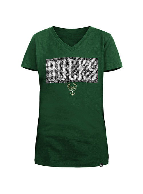 Youth New Era Sequin Bucks Green Milwaukee Bucks T-Shirt In Green - Front View 2