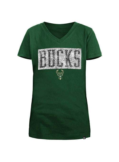 Youth New Era Sequin Bucks Green Milwaukee Bucks T-Shirt In Green - Front View